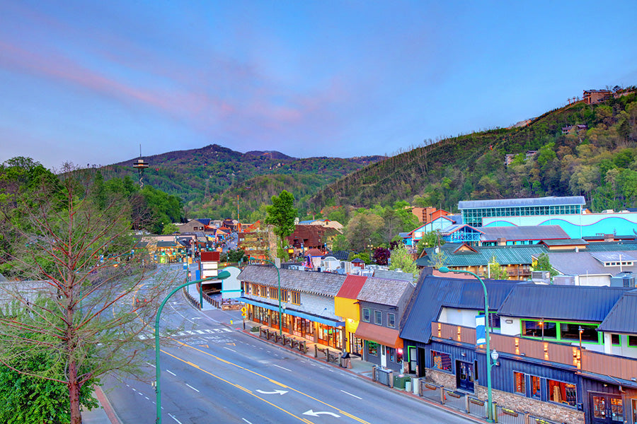 A colorful mountain town at sunset, with rustic and modern buildings lining a quiet main street. Lush green hills rise in the background, dotted with homes, and an observation tower stands among the trees under a soft blue and pink sky.