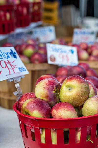 A close-up of fresh apples in a red basket at a farmer's market. The apples are red and green with droplets of water on them, suggesting freshness. In the background, more baskets of apples and handwritten price signs can be seen, indicating a casual, local market setting. The scene reflects a typical harvest or seasonal produce display.