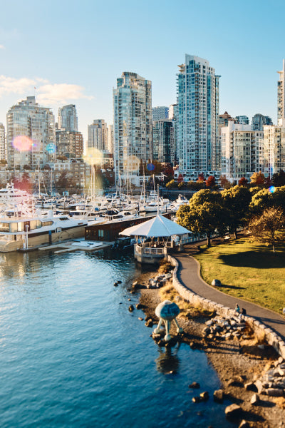 A waterfront scene featuring a marina with docked boats and high-rise buildings in the background, with a curved pathway along the shoreline, a small pavilion, and trees with autumn foliage under a clear blue sky.