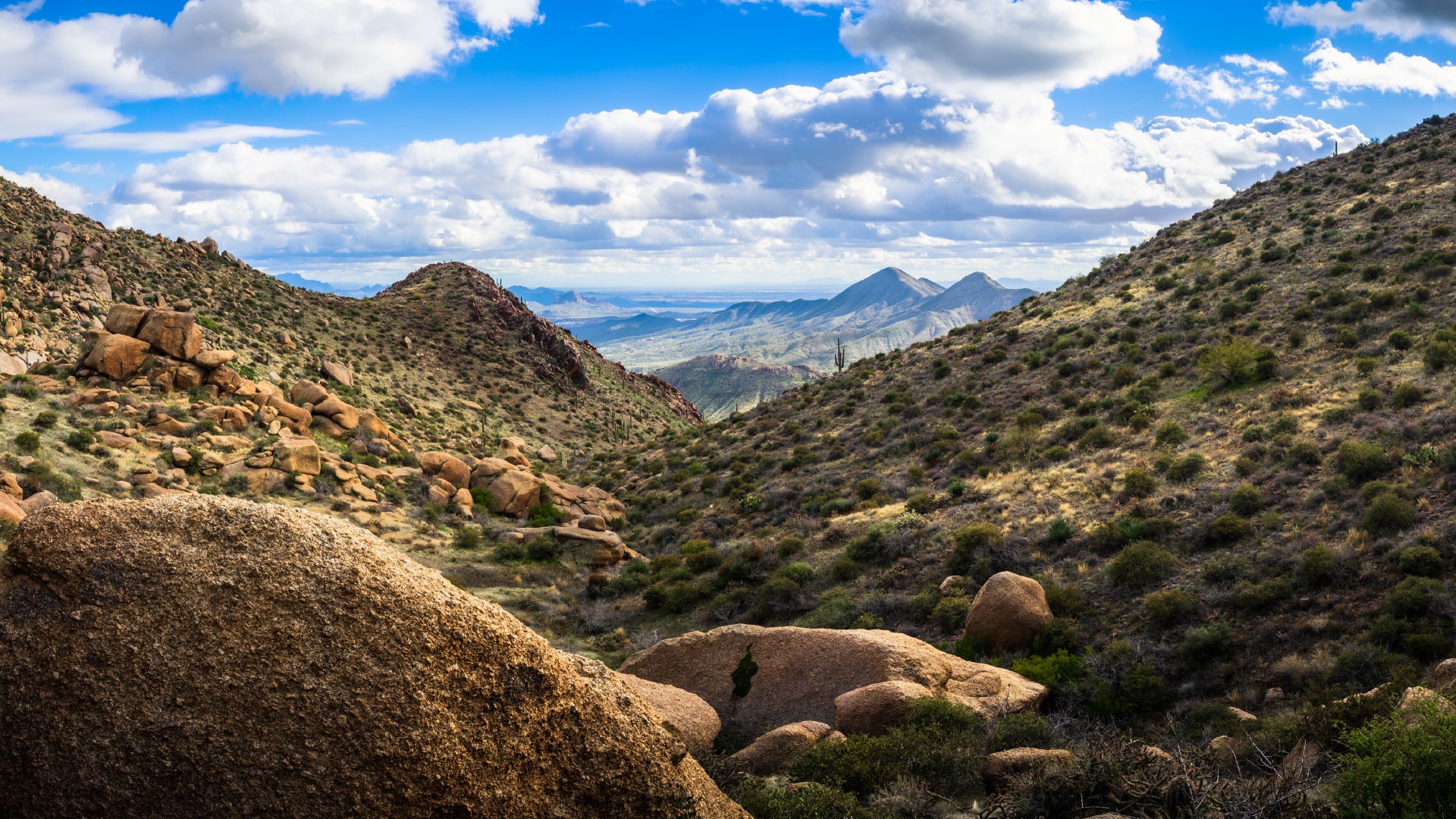 A scenic desert mountain landscape with rugged, rocky terrain covered in sparse vegetation. Large boulders and rolling hills frame the view, leading to distant blue mountains under a bright sky filled with fluffy white clouds. The arid environment is dotted with small shrubs and cacti, creating a picturesque contrast between the earthy tones of the land and the vibrant sky.