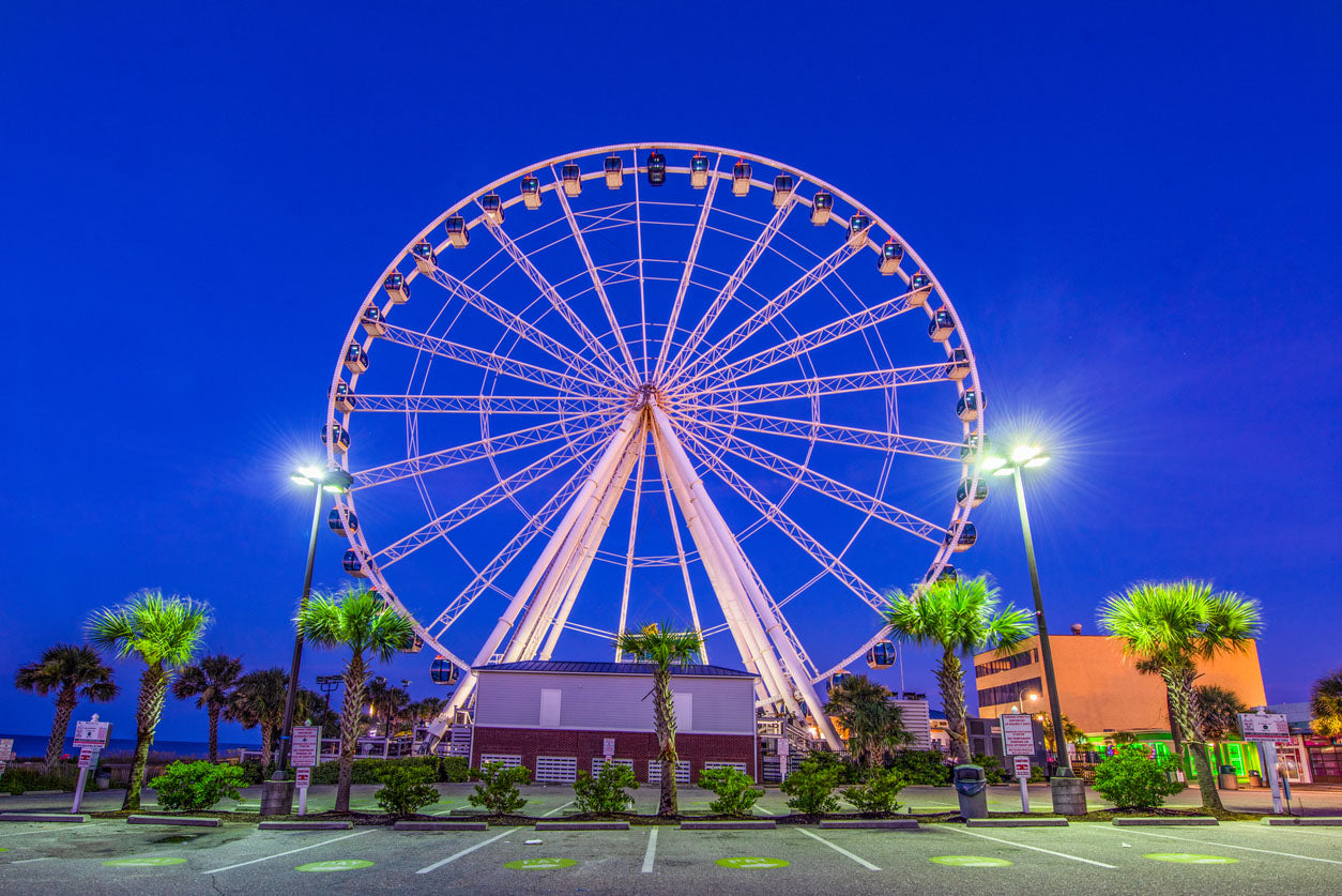 A brightly lit Ferris wheel stands against a deep blue evening sky, illuminated by white lights outlining its structure. The surrounding area features palm trees, streetlights, and a parking lot in the foreground. Small buildings and greenery add to the lively atmosphere, suggesting an entertainment or tourist area. The Ferris wheel's gondolas are evenly spaced, ready to provide riders with a scenic view of the city or coastline.